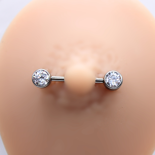Barbell Titanio para Pezón diseño 2 pastillas de zirconias blancas