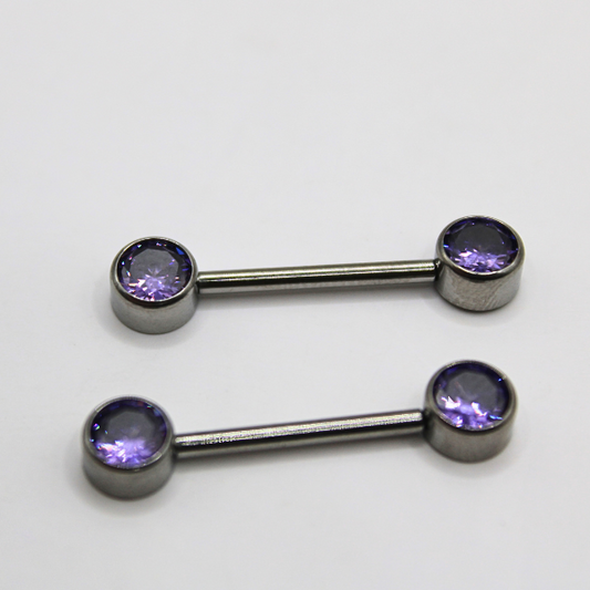 Barbell Titanio para Pezón  diseño 2 pastillas de zirconias moradas