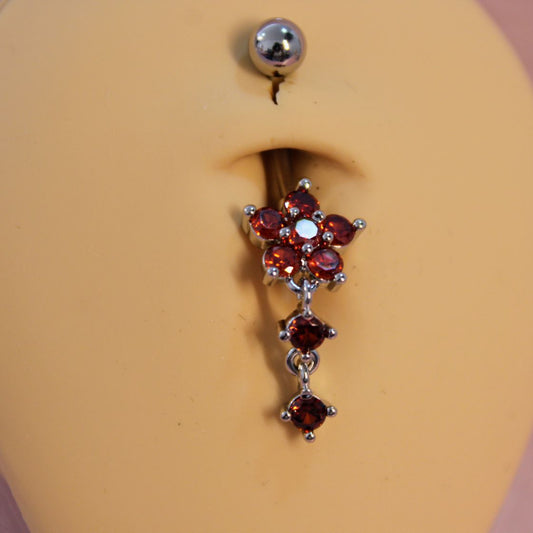 Piercing Ombligo Flor Con Colgantes Zirconias Café- Acero Quirúrgico