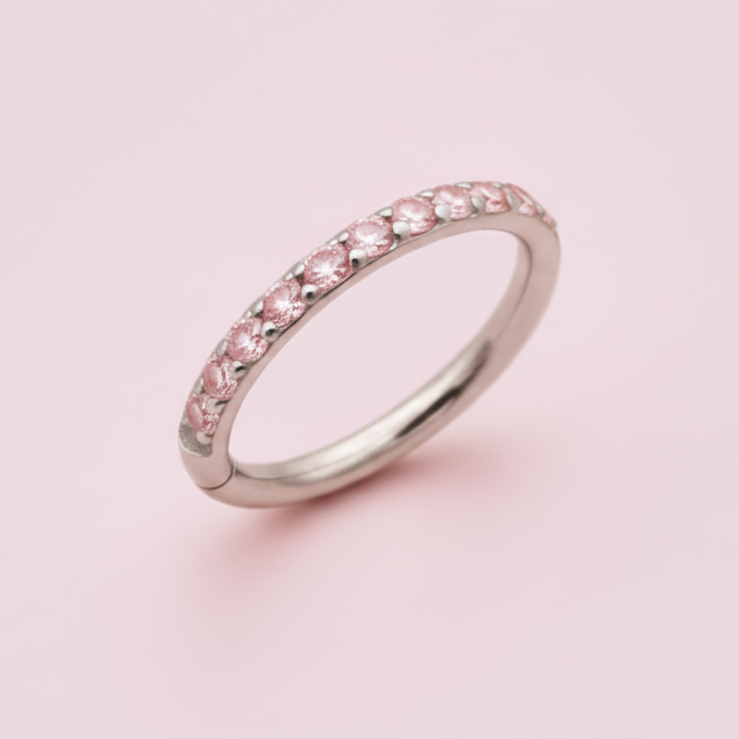 Piercing Aro Clicker con Zirconias Rosas - Titanio