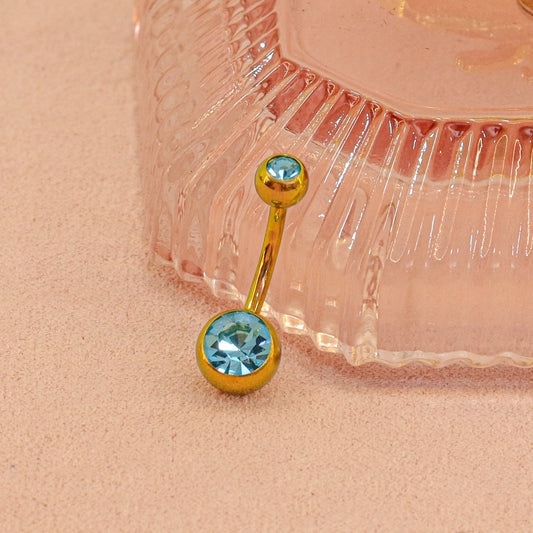 Barbell Curvo Titanio para Ombligo diseño con zirconia azul