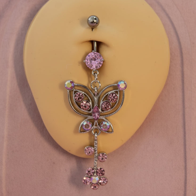 Piercing Ombligo Ziconia con Mariposa Colgante Rosa- Acero Quirúrgico