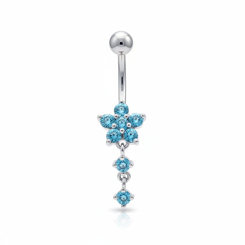 Piercing Ombligo Flor y Zirconias Azules - Acero Quirúrgico