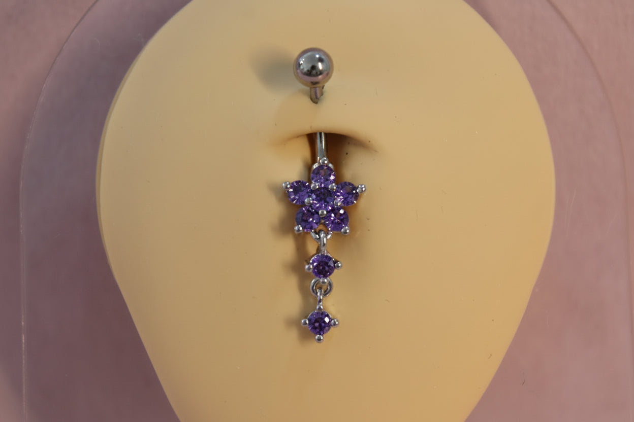 Piercing Ombligo Flor y Zirconias Moradas - Acero Quirúrgico