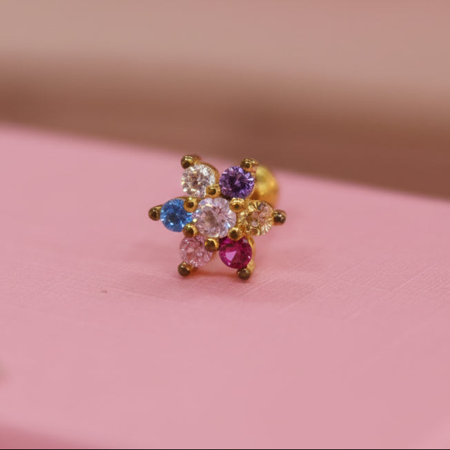 Piercing de Broquel para Oreja diseño de flor de colores - Acero con chapado en oro
