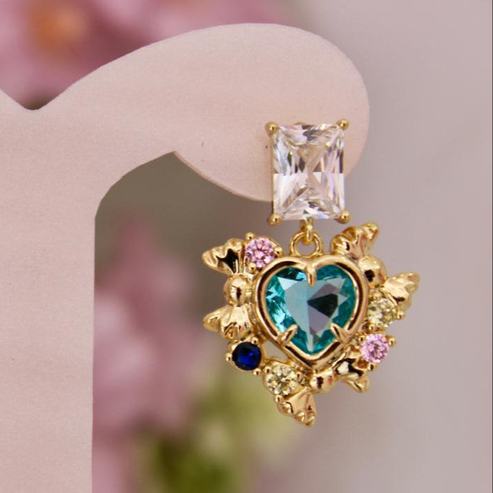 Aretes largos zirconia azul corazón - Oro laminado premium 14k
