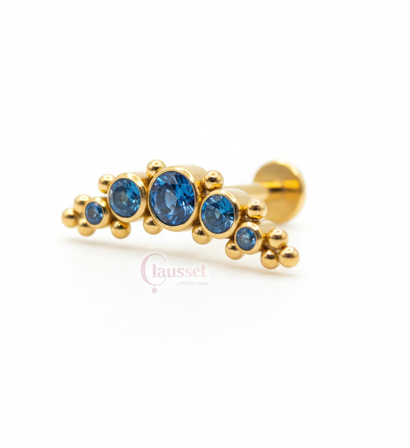 Piercing 5 pastillas y 14 microesferas zirconias azules- Titanio (Labret)