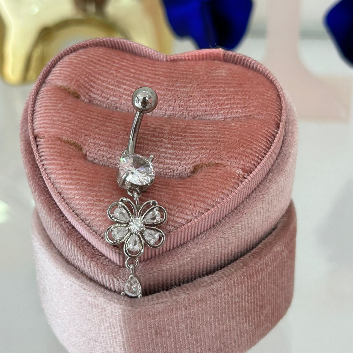 Piercing Ombligo Flor Mariposa Colgante Con Zirconias Plateado - Acero Quirúrgico