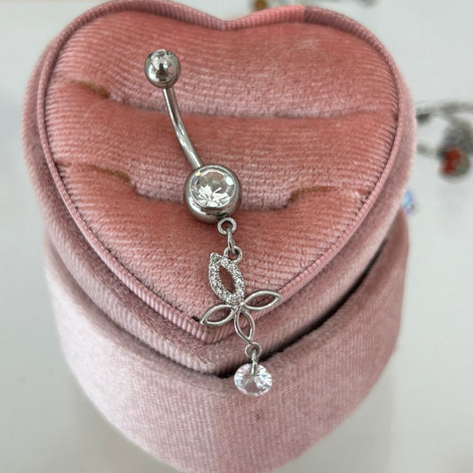 Piercing Ombligo Mariposa Colgante Con Zirconias Plateado - Acero Quirúrgico