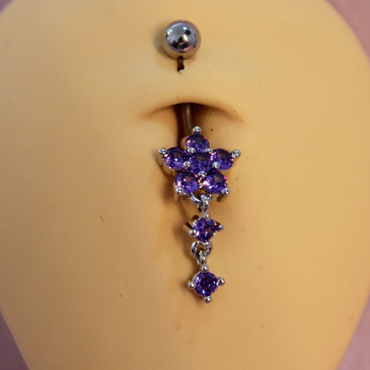 Piercing Ombligo Mariposa Con Colgante Zirconias Moradas- Acero Quirúrgico