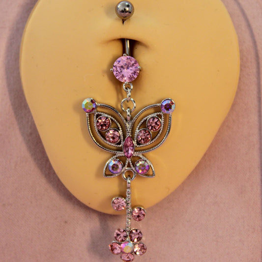 Piercing Ombligo Mariposa colgante Zirconias Rosa- Acero Quirúrgico