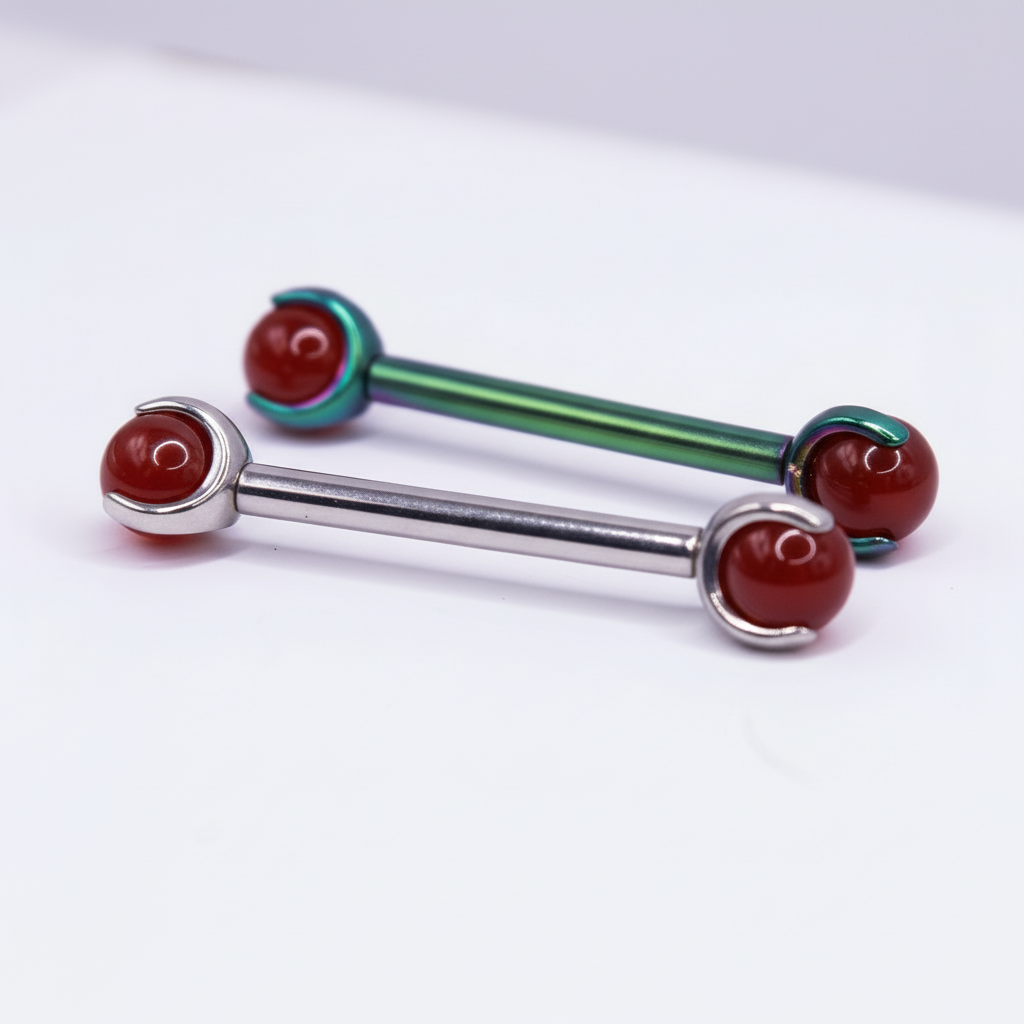 Barbell Titanio para Pezón Verde/Plata con Piedra Roja