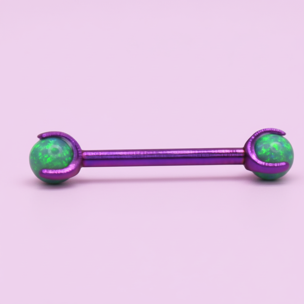 Barbell Titanio para Pezón Morado con Piedra Verde