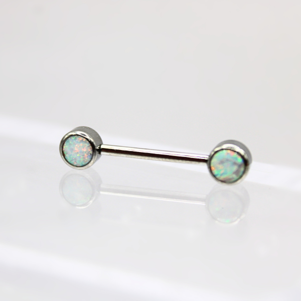 Barbell Titanio para Pezón diseño 2 pastillas de ópalos tornasol