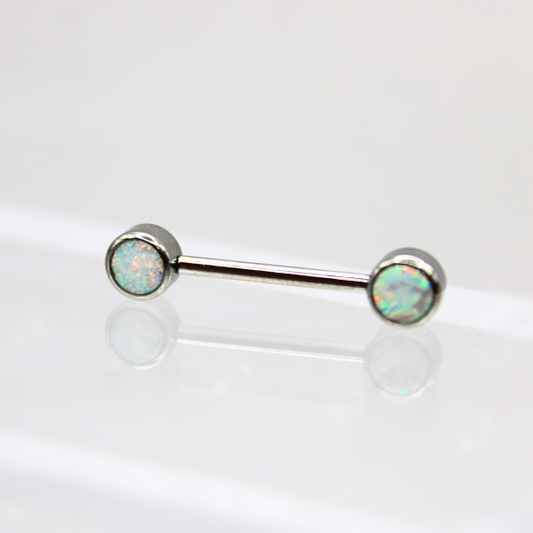 Barbell Titanio para Pezón  diseño 2 pastillas de ópalos tornasol