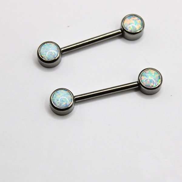 Barbell Titanio para Pezón diseño 2 pastillas de ópalos tornasol