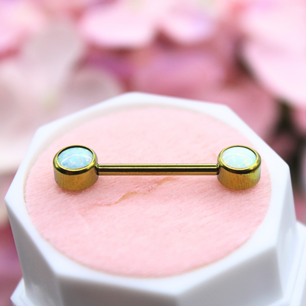 Barbell Titanio para Pezón diseño 2 pastillas de ópalos tornasol