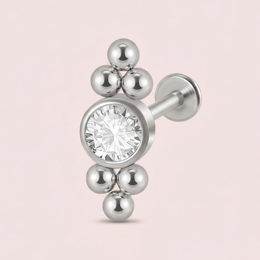 Piercing para oreja Labret 6 esferas  con zirconia biscelada - Acero quirúrgico