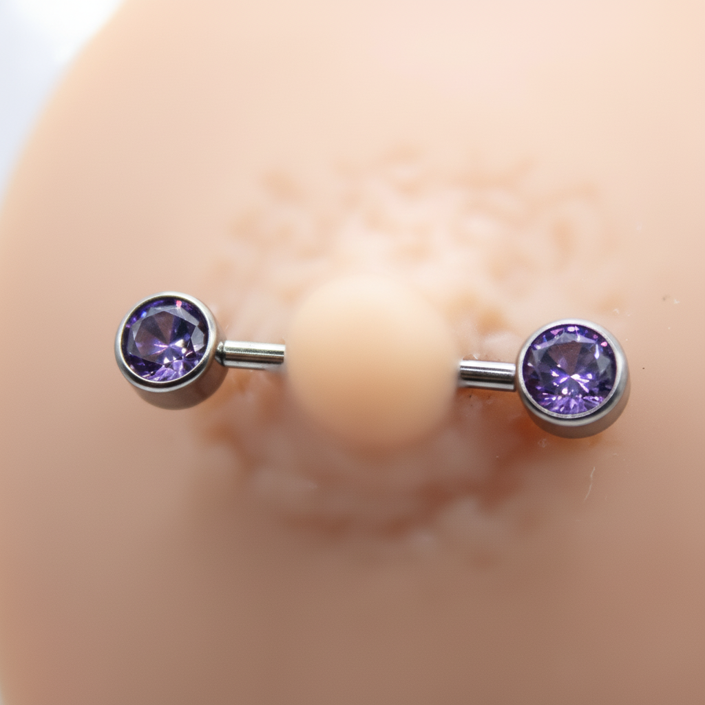 Piercing para Pezón 2 pastillas de zirconias moradas- Titanio