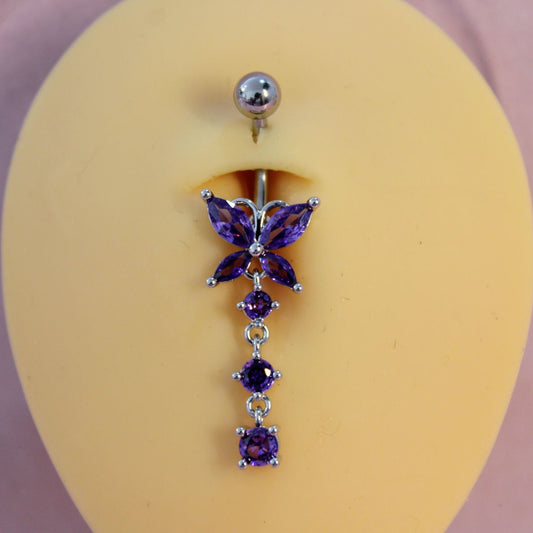 Piercing Ombligo Mariposa Con Colgantes Zirconias Morada- Acero Quirúrgico