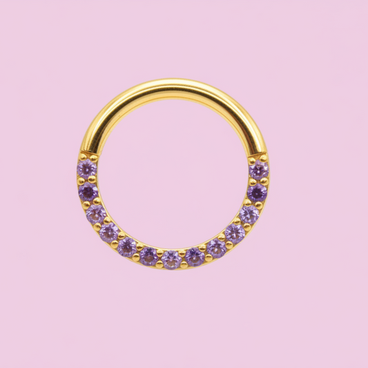 Piercing Aro con Zirconias Moradas Frente - Titanio (Clicker)