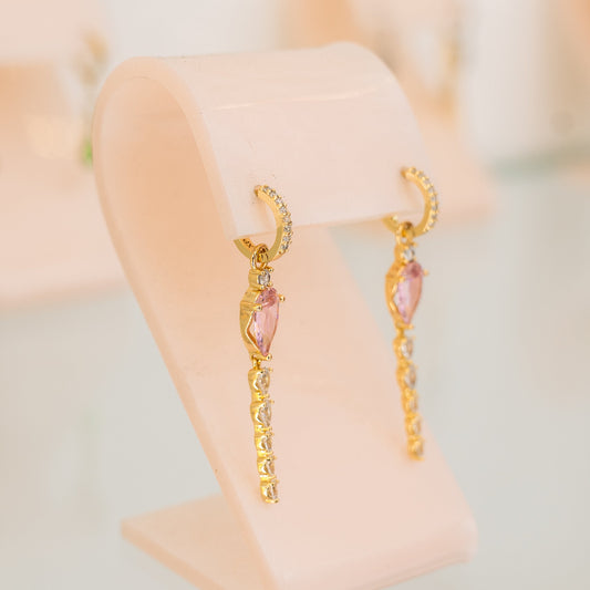 Aretes largos zirconia rosa - Oro laminado de 14k