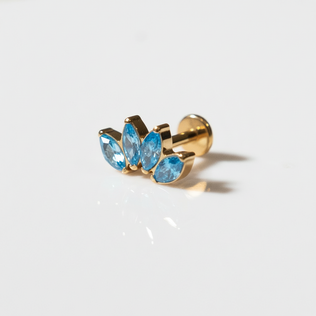 Piercing flor de Loto 4 Pétalos Zirconias Azules - Titanio