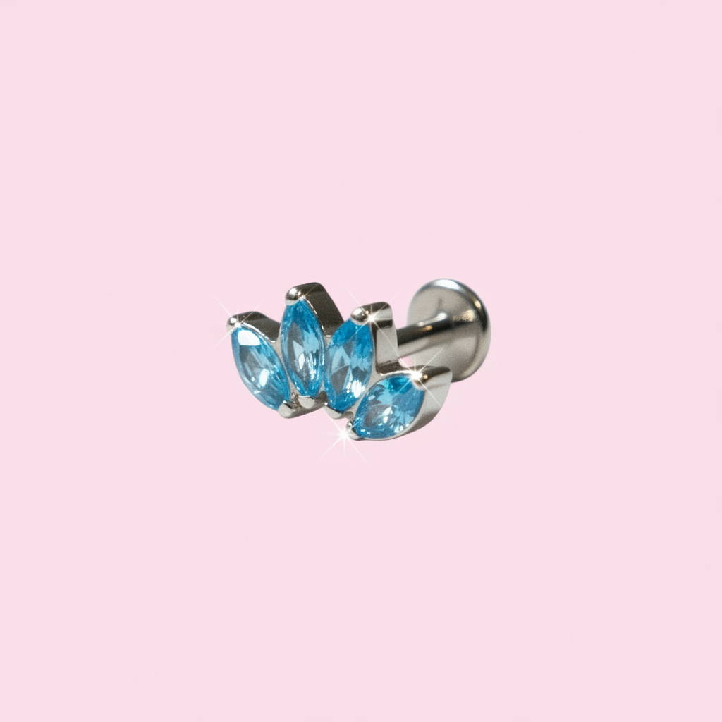 Piercing flor de Loto 4 Pétalos Zirconias Azules - Titanio