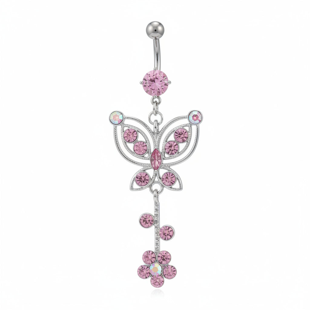 Piercing Ombligo Ziconia con Mariposa Colgante Rosa- Acero Quirúrgico
