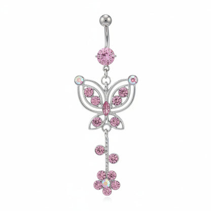 Piercing Ombligo Ziconia con Mariposa Colgante Rosa- Acero Quirúrgico