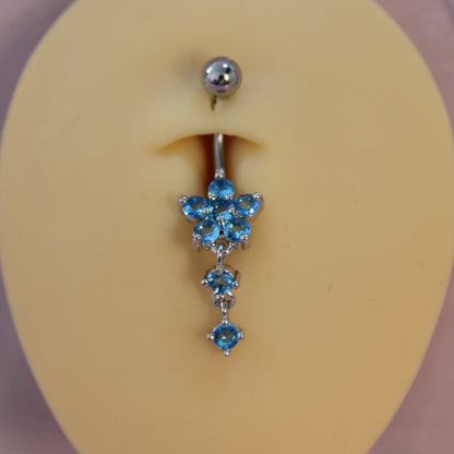 Piercing Ombligo  Flor y Zirconias Azules - Acero Quirúrgico