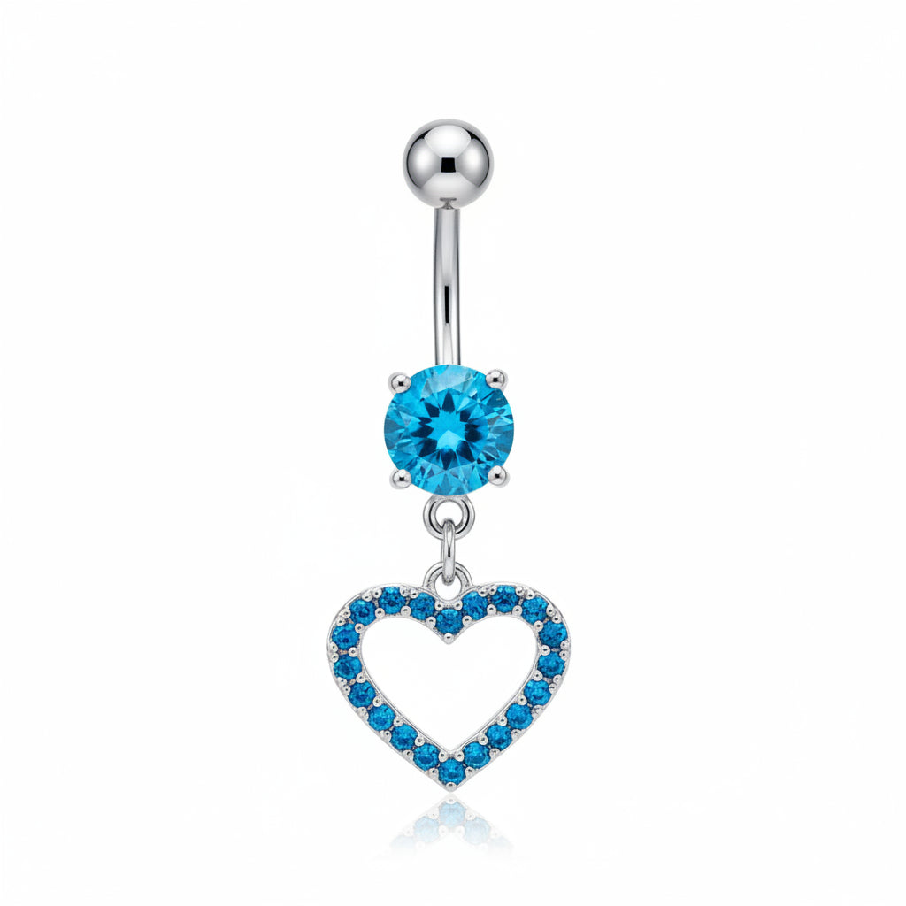 Piercing Ombligo Zirconia con Corazon con Zirconias Minis Azules - Acero Quirúrgico