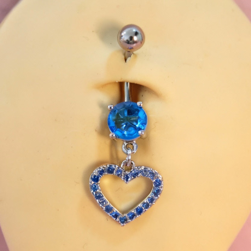 Piercing Ombligo Zirconia con Corazon con Zirconias Minis Azules - Acero Quirúrgico