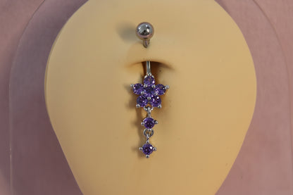 Piercing Ombligo Flor y Zirconias Moradas  - Acero Quirúrgico