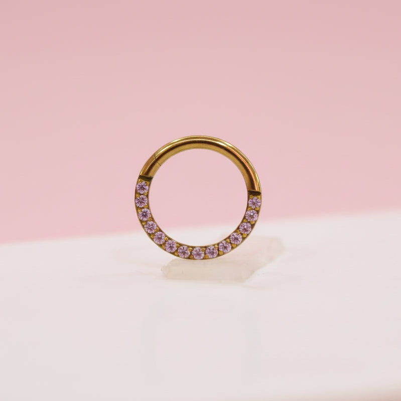 Piercing Aro con Zirconias Rosas Frente - Titanio (Clicker)