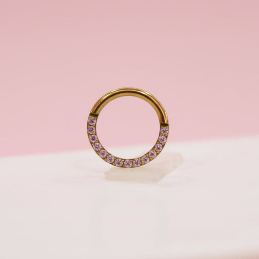Piercing Aro con Zirconias Rosas Frente - Titanio (Clicker)