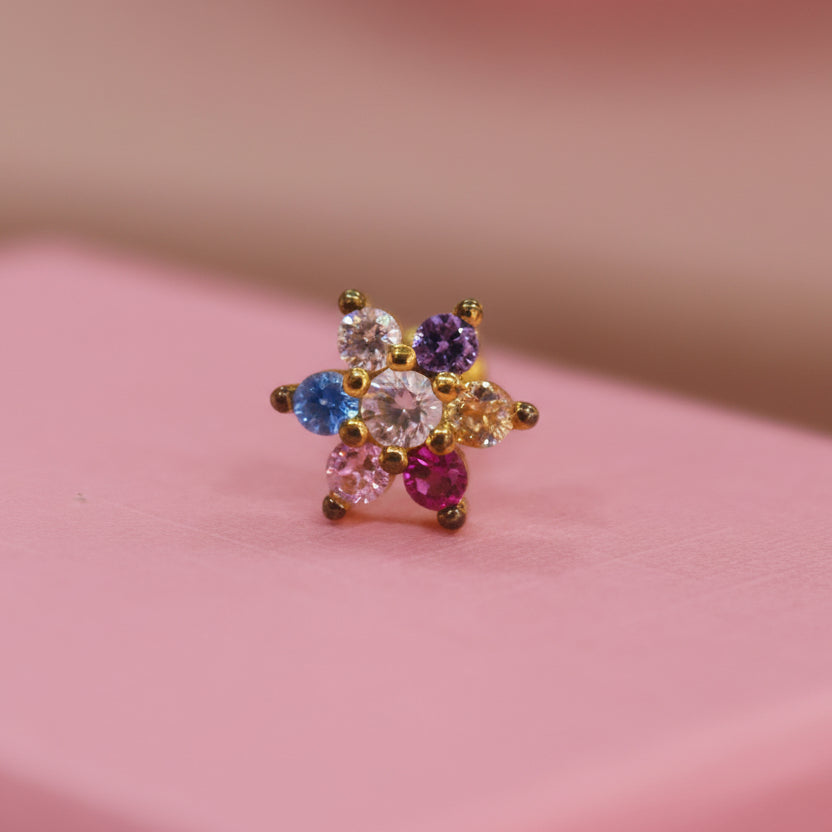 Piercing de Broquel para Oreja diseño de flor de colores  - Acero con chapado en oro