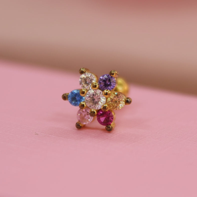Piercing de Broquel para Oreja diseño de flor de colores  - Acero con chapado en oro