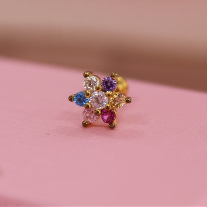 Piercing de Broquel para Oreja diseño de flor de colores  - Acero con chapado en oro