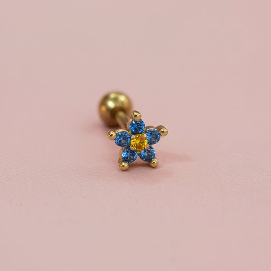 Piercing de Broquel para Oreja diseño de flor azul aqua  - Acero con chapado en oro