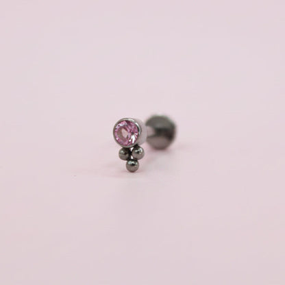 Labret biselado 3 mini esferas zirconia rosa - Titanio