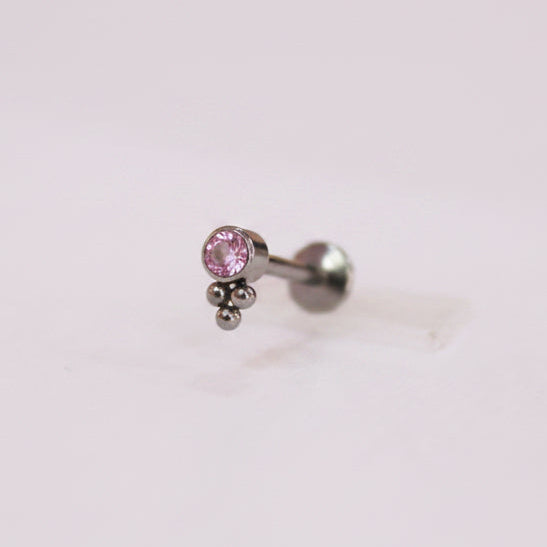 Labret biselado 3 mini esferas zirconia rosa - Titanio