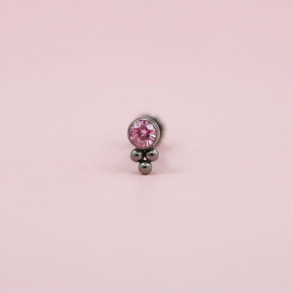 Labret biselado 3 mini esferas zirconia rosa - Titanio