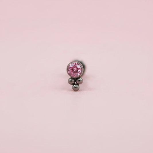 Labret biselado 3 mini esferas zirconia rosa - Titanio