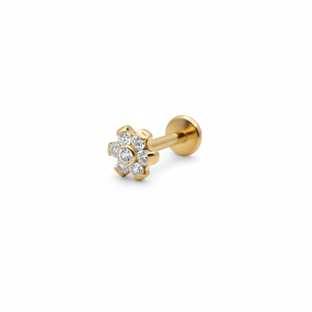 Piercing Flor 6 petalos blancos PVD Gold - Titanio (Labret)