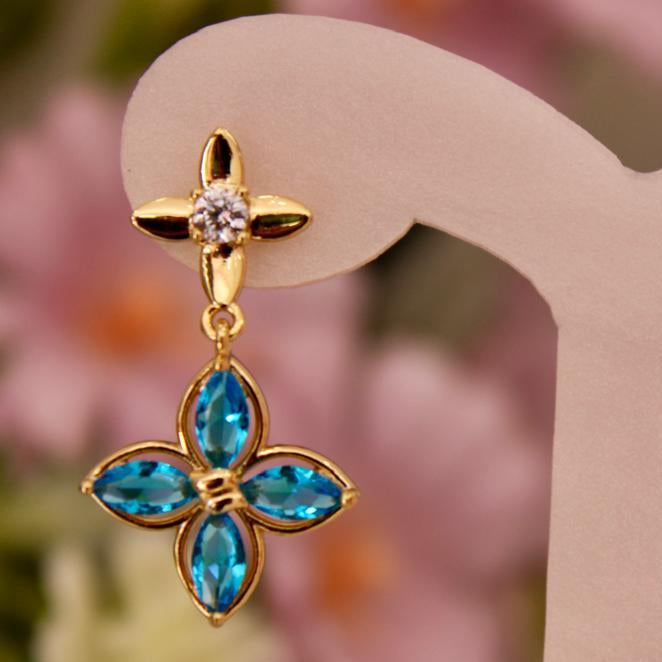 Aretes largos Flor azul - Oro laminado premium 14k