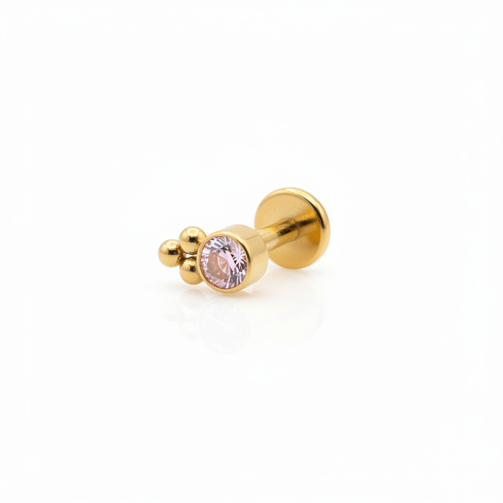 Labret biselado 3 mini esferas zirconia rosa - Titanio
