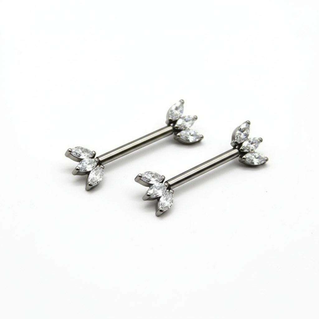 Piercing Titanio para Pezón maxi diseño 3 zirconias blancas