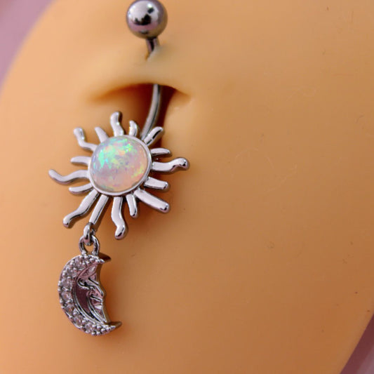 Piercing Ombligo Sol Con Colgante De Luna- Acero Quirúrgico
