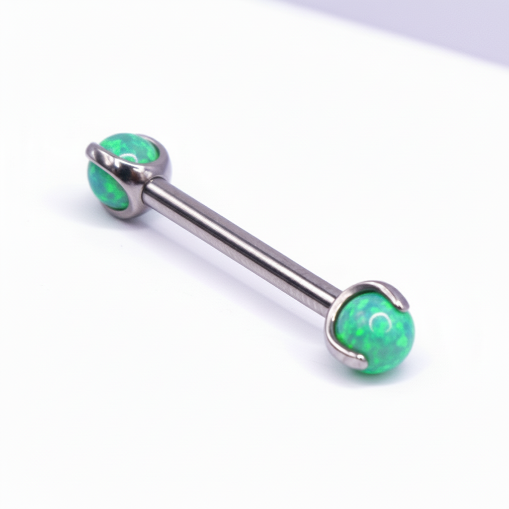 Barbell Titanio para Pezón Plata con Piedra verde